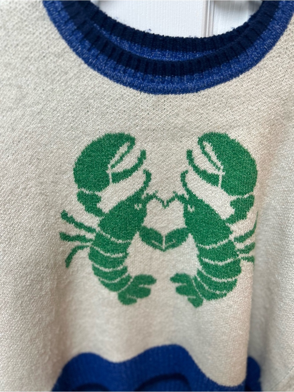CAbi Sandy Shores Cream Sweater with Intarsia Green Lobster Motif and Blue Trim - Picture 3 of 5
